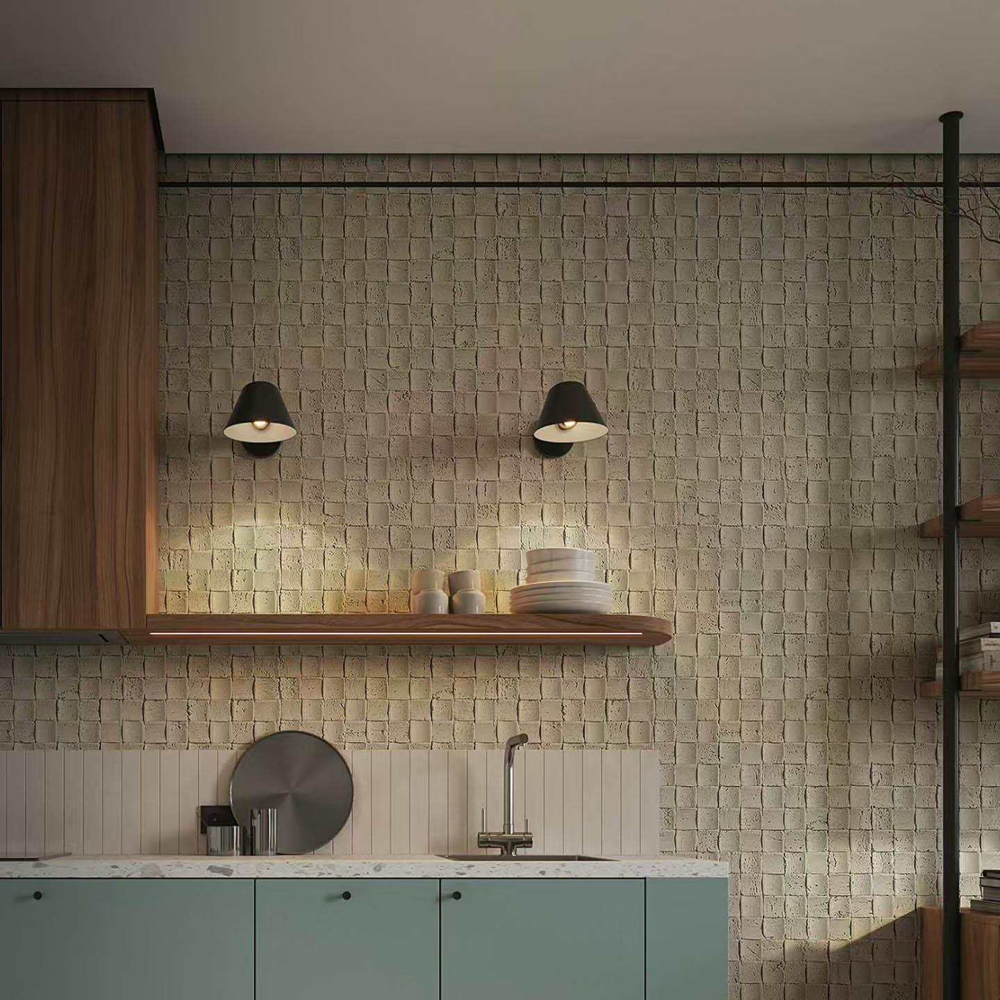 Panel de Piedra Flexible Tessera – Mosaico de Travertino | Ambiente Cocina