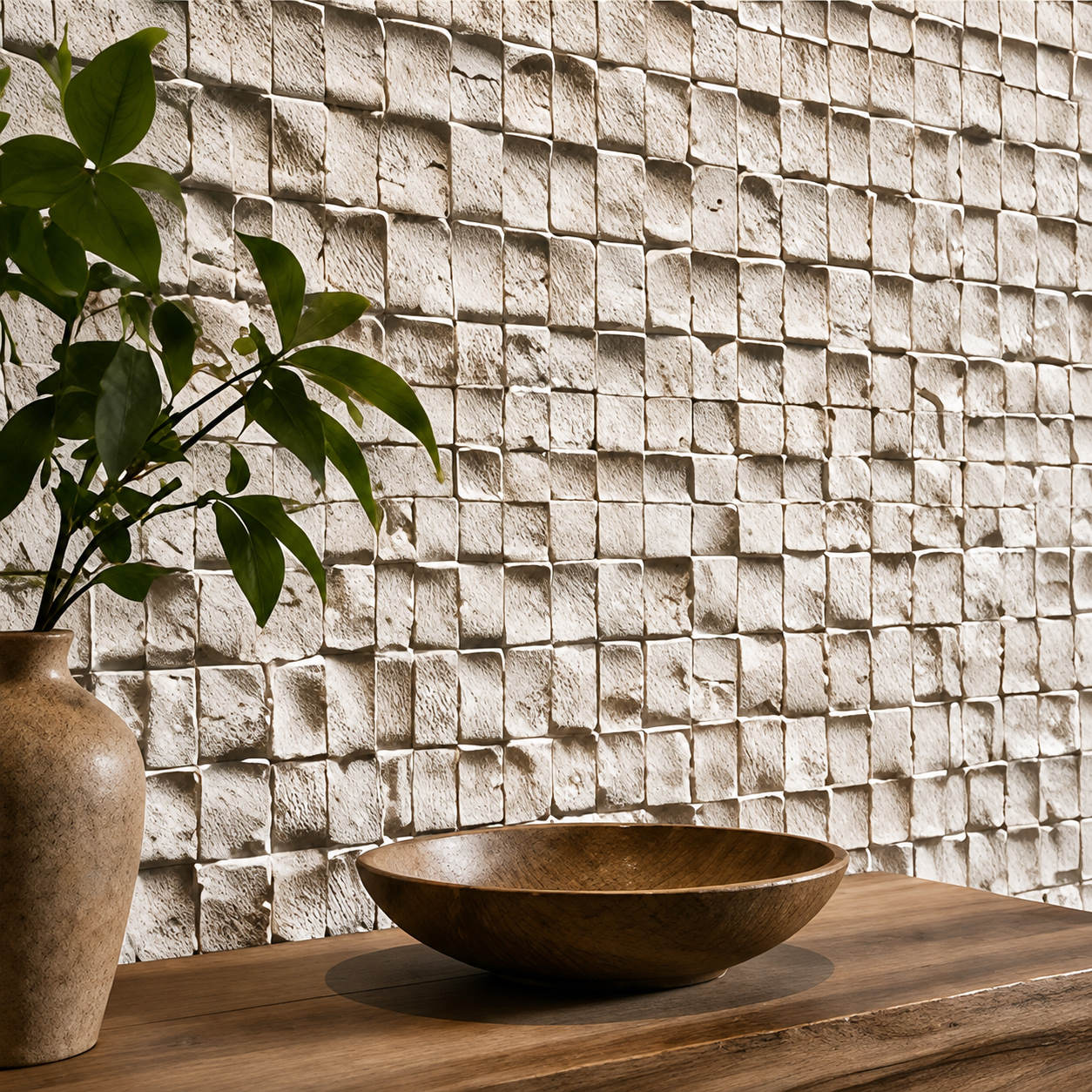 Panel de Piedra Flexible Tessera – Mosaico de Travertino | Ambiente Interior